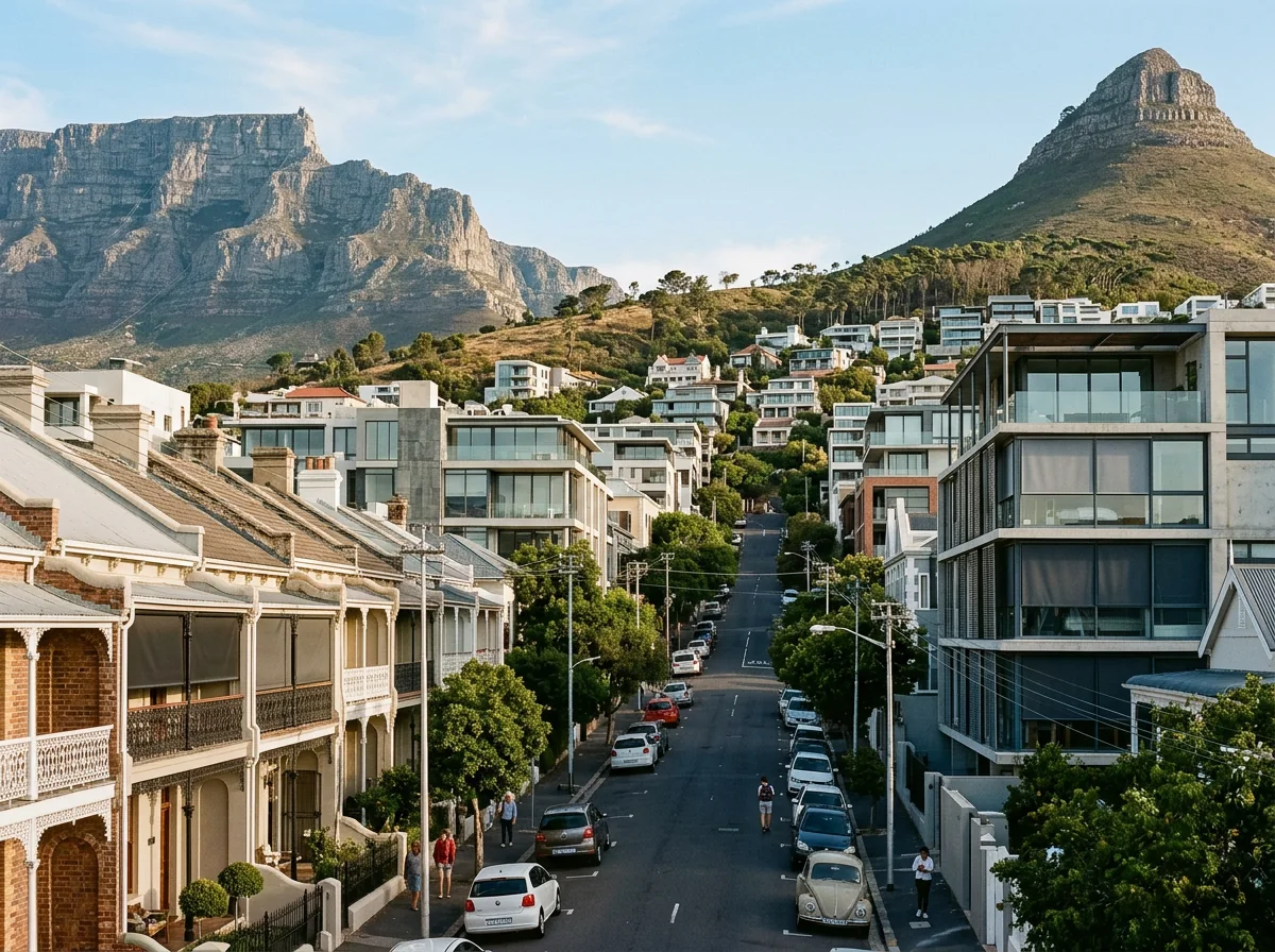 Victorian terraces and newer glass-fronted apartments stepping up a City Bowl street, Table Mountain on one side and Lion's Head on the other