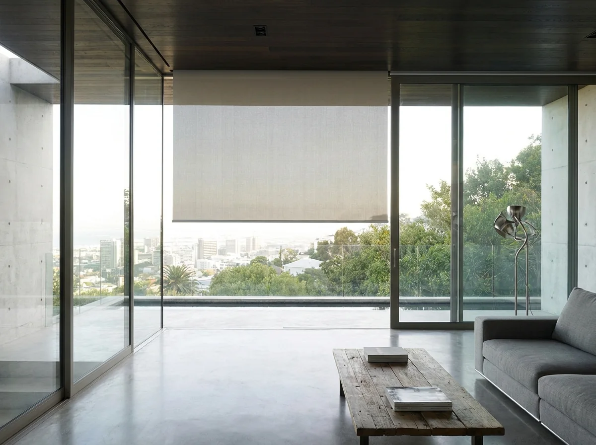 Blind dropping from a hidden ceiling recess across the sliding glass of a Higgovale living room, pool terrace and the City Bowl below