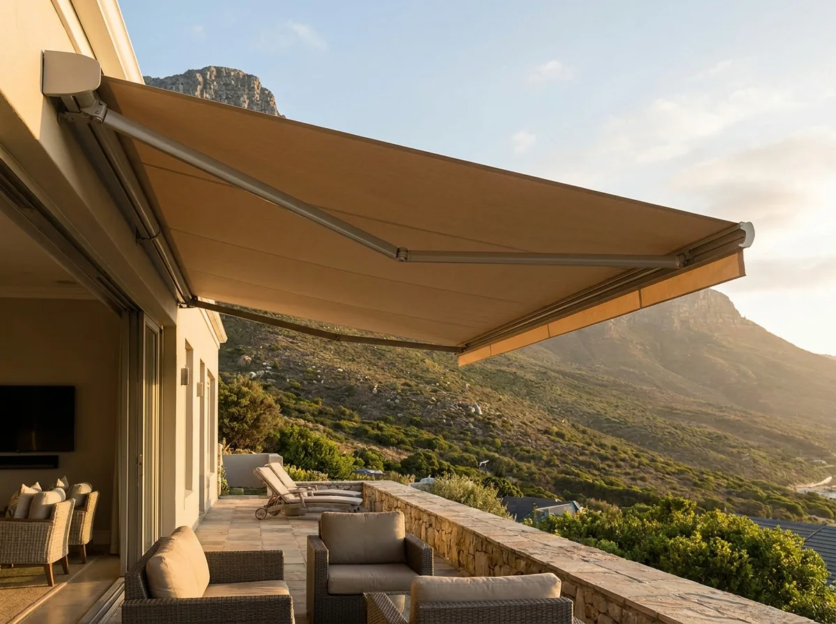 Retractable folding-arm awning opened over a stone-paved stoep on a Higgovale mountainside home, fynbos slope and low sun beyond the parapet
