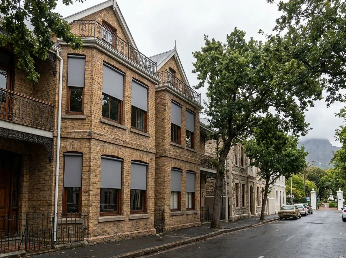 Yellow-brick Victorian facade in Gardens with external roller blinds run down over its sash windows on a wet City Bowl afternoon