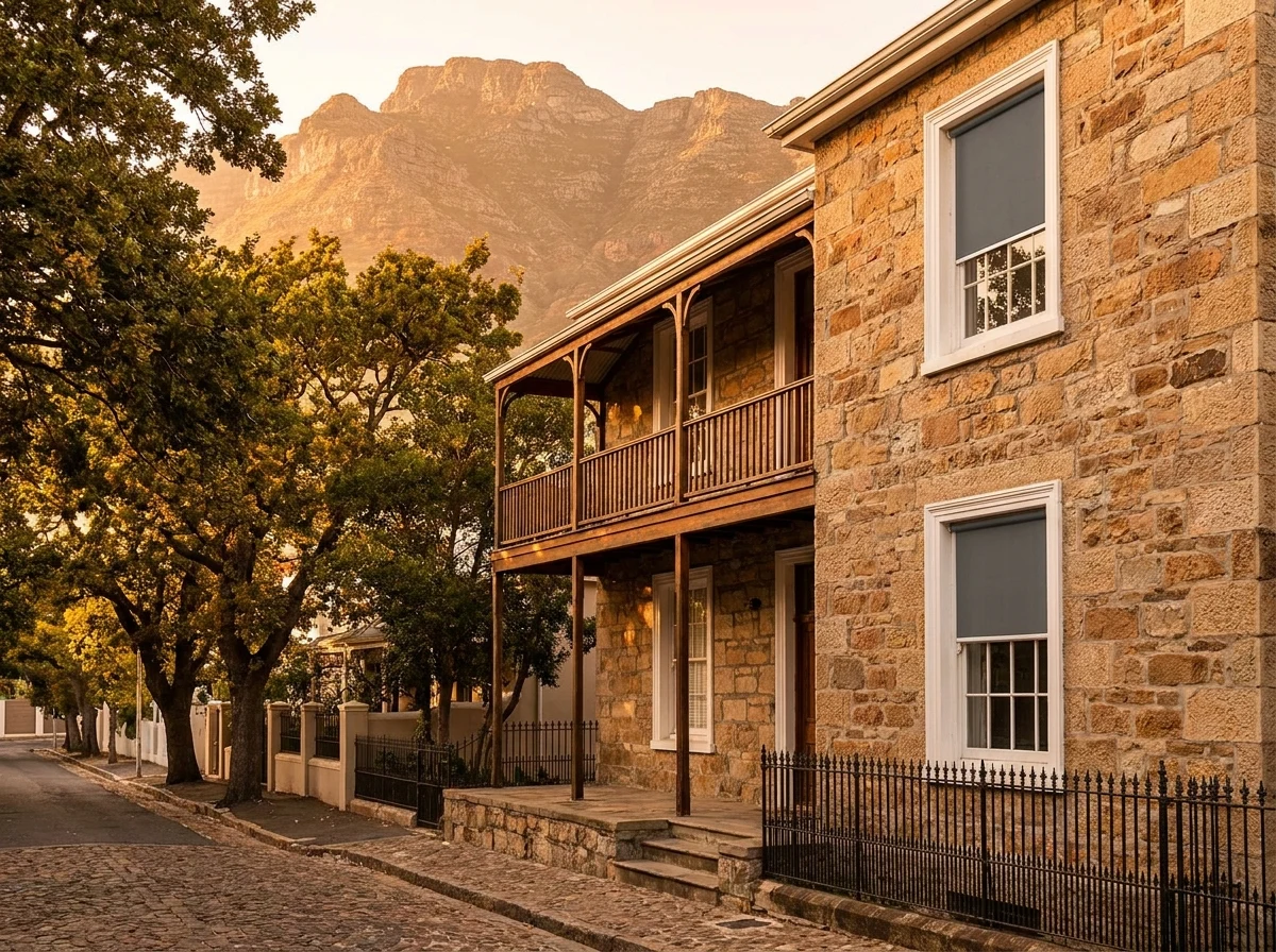 Sandstone heritage home on an Oranjezicht street with grey roller blinds drawn in its sash windows and the mountain slope catching last light behind it