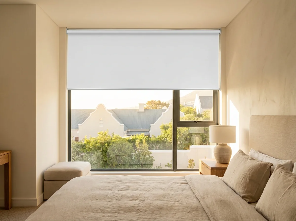 Blockout roller blind lowered halfway across a Higgovale bedroom window, Cape Dutch gables and early light showing under the hem