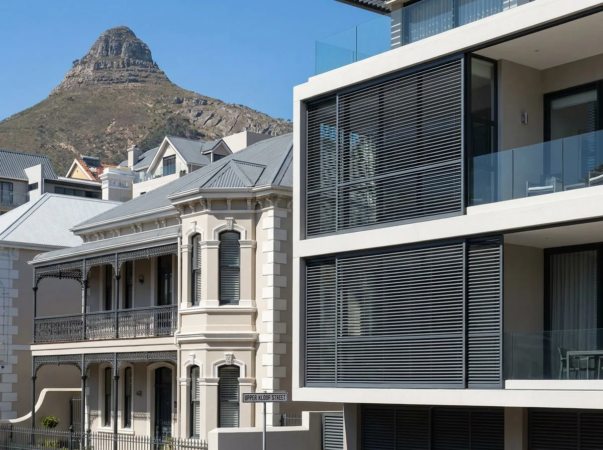 External venetian blinds screening the glazing of a modern Tamboerskloof apartment block, a Victorian terrace next door and Lion's Head above the rooftops