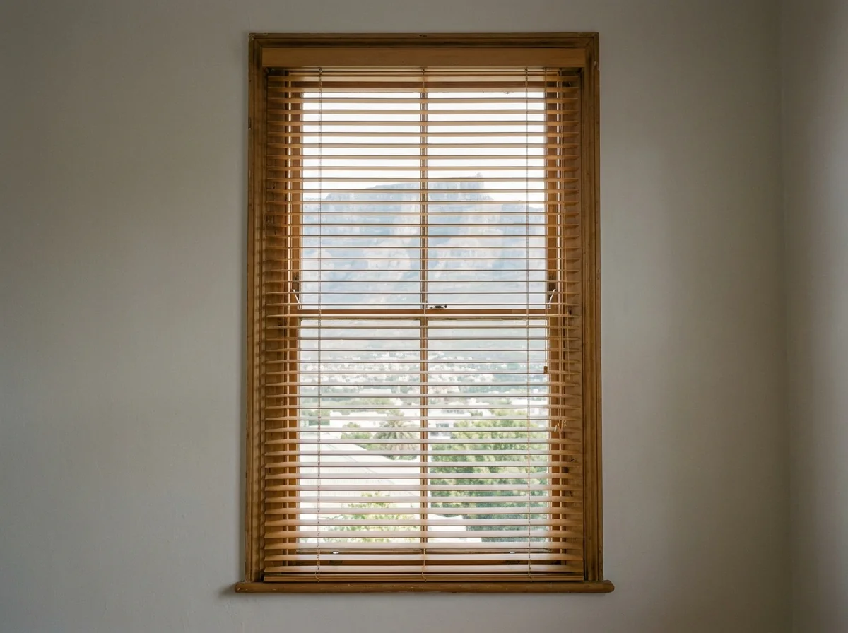 Warm timber venetian blinds fitted inside a heritage sash reveal in Higgovale, Table Mountain showing through the tilted slats